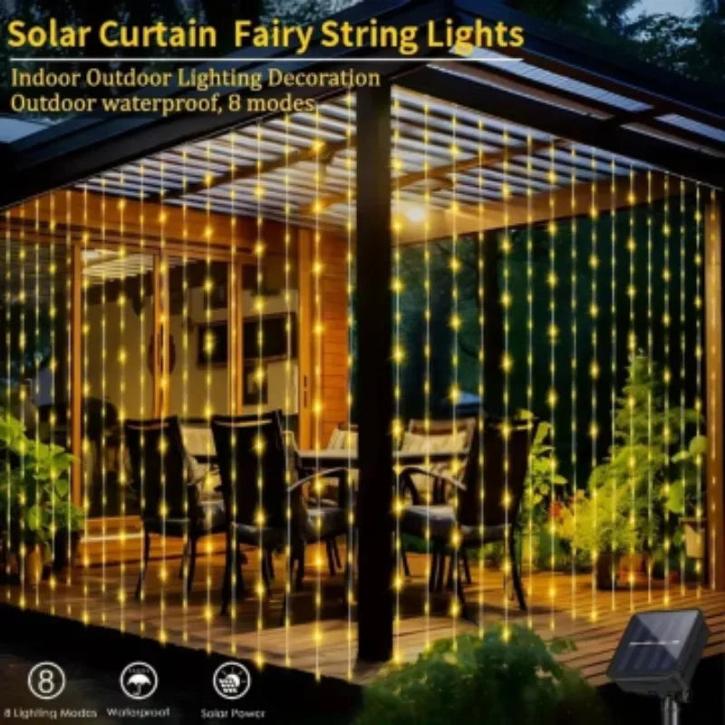 200 LED Solar Curtain String Lights – Outdoor Waterproof Fairy Lights with 8 Modes